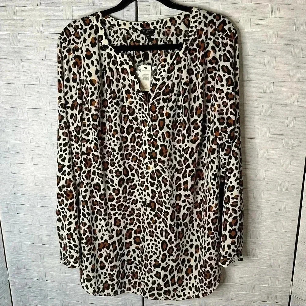 Talbots White Leopard Print Tunic with Brown and Black Spots